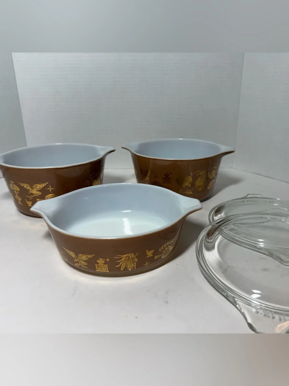 Vintage Pyrex Americana -  Brown Gold 1960s casserole dishes